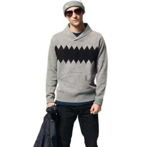 Stussy Sweater Mens XL Gray Black 100% Lambswool Zig Zag Shawl Collar 90's Y2K